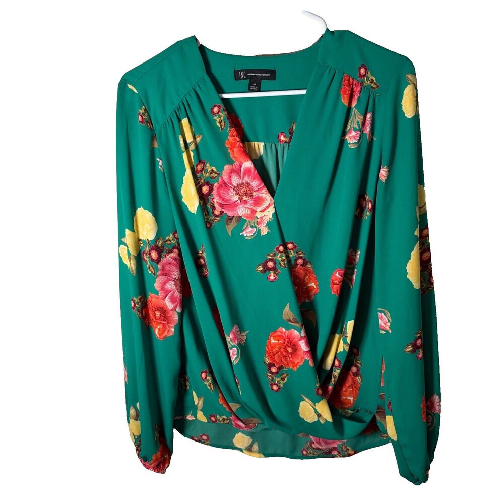 INC International Concepts Blouse Women's Medium Green Floral Wrap Long Sleeve